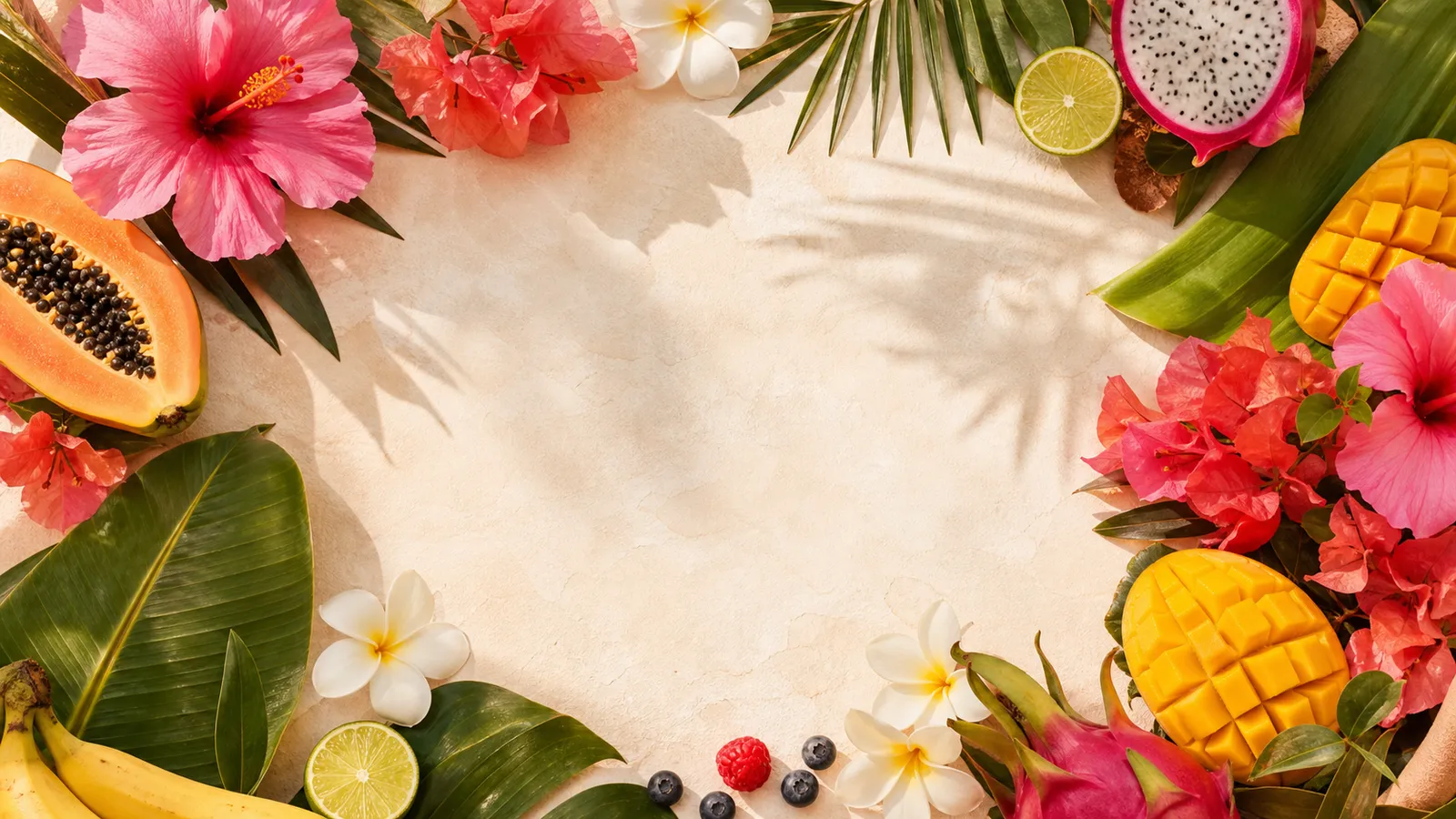 Hibiscus, frangipani, tropical leaves and fruit framing a sunlit center