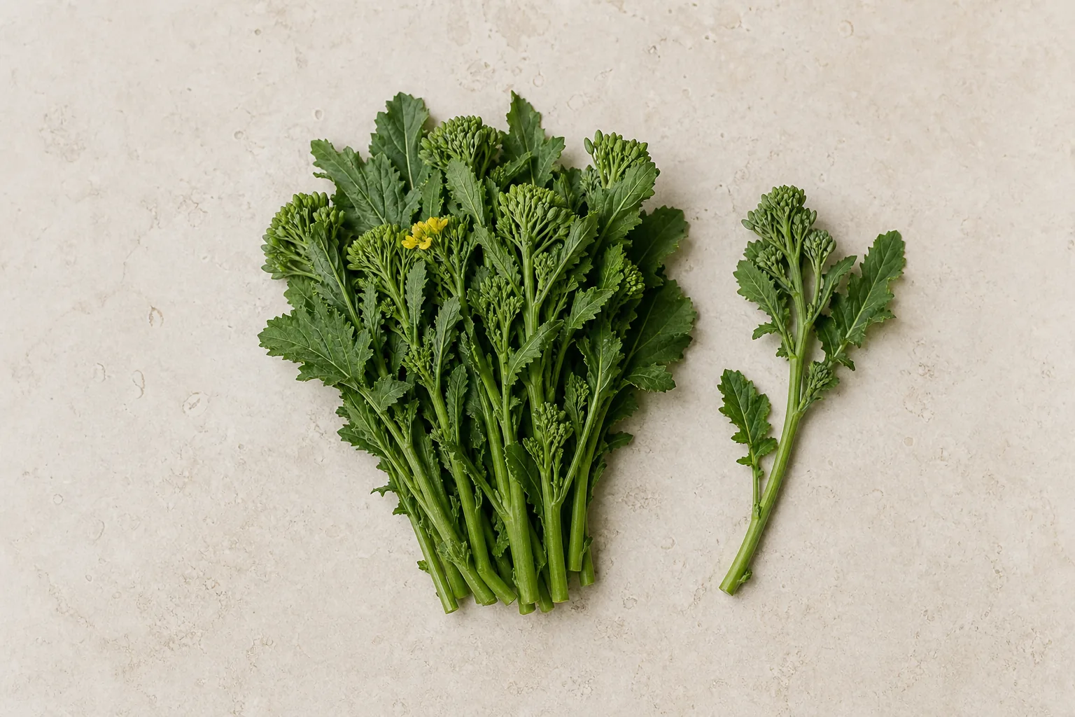 A raw broccoli-raab bunch with slender stems, jagged leaves and small bud clusters on pale stone.