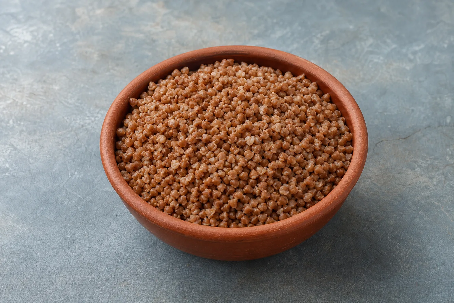 A small terracotta bowl of plain cooked buckwheat groats with separate angular brown grains.