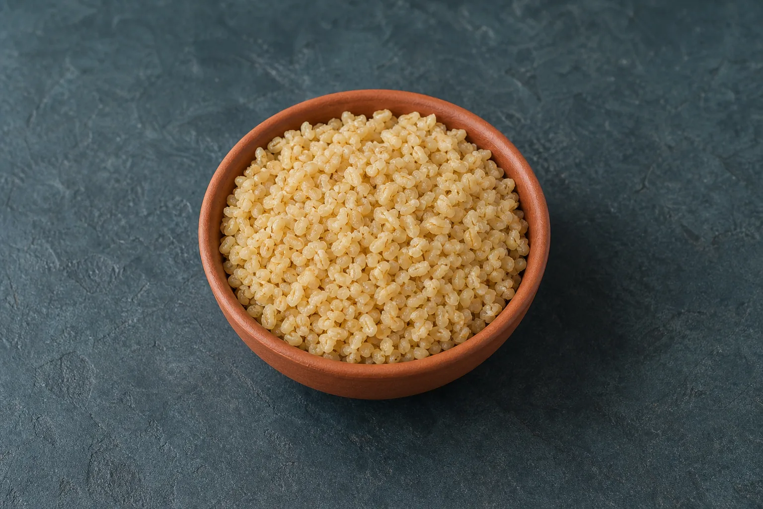 A small bowl of plain cooked bulgur with tender irregular tan cracked-wheat pieces.