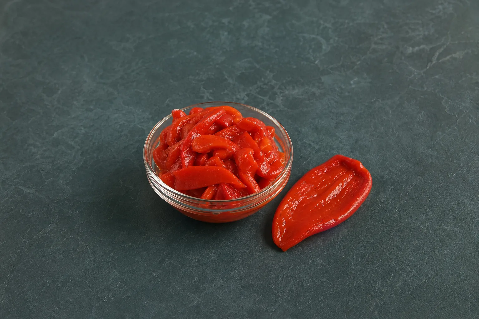 Glossy red canned pimento strips in a small glass bowl with one broad pepper half beside it.