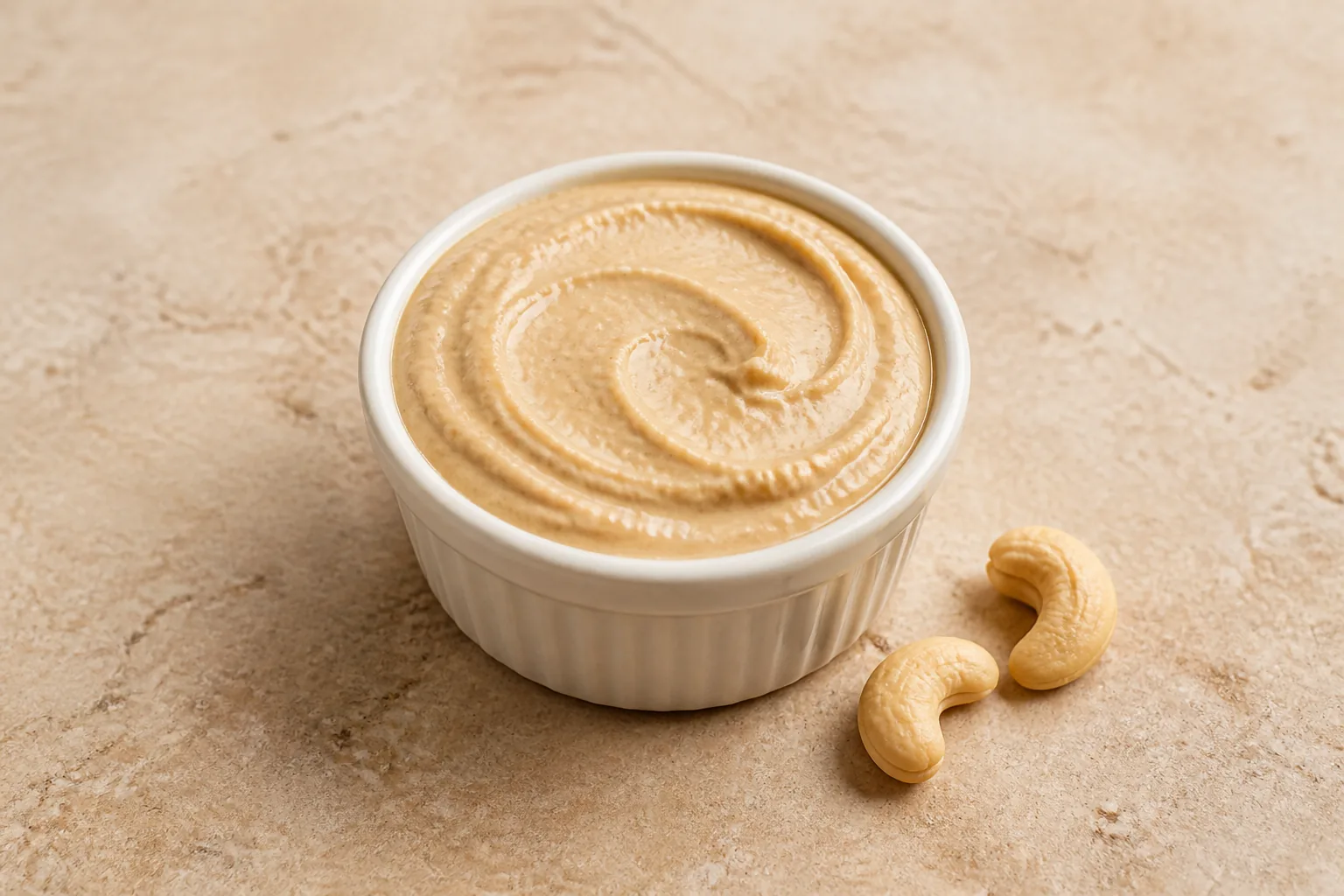 Smooth pale beige nut butter in a small ramekin beside two curved cashew kernels.