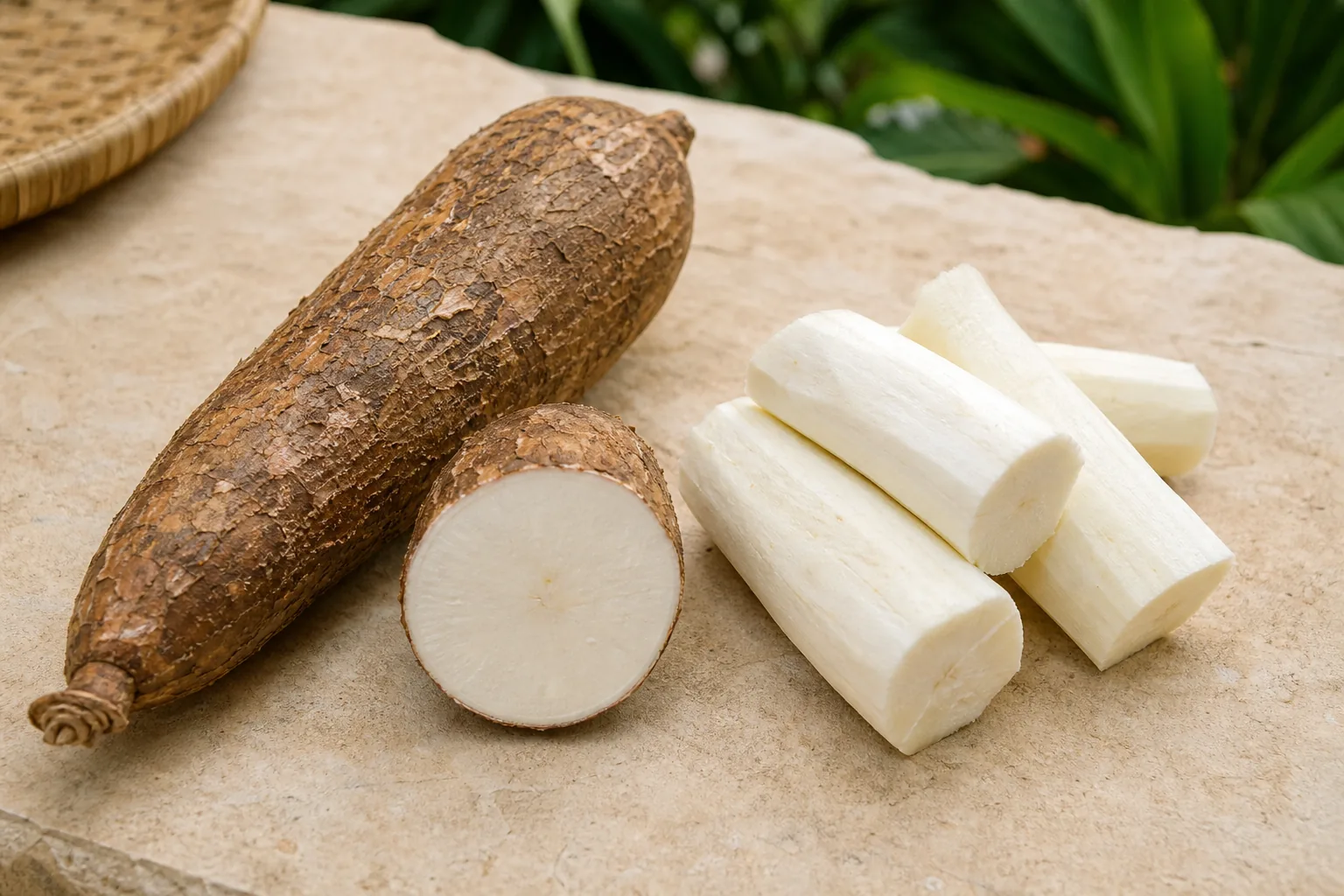 A whole raw cassava root, a cut cross-section, and peeled raw white cassava pieces on warm limestone.