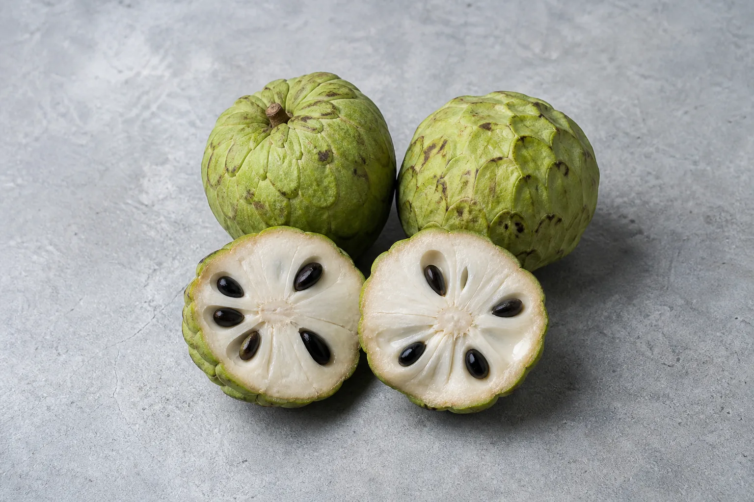 Green raw cherimoyas with one cut open to show creamy white flesh and glossy black seeds.