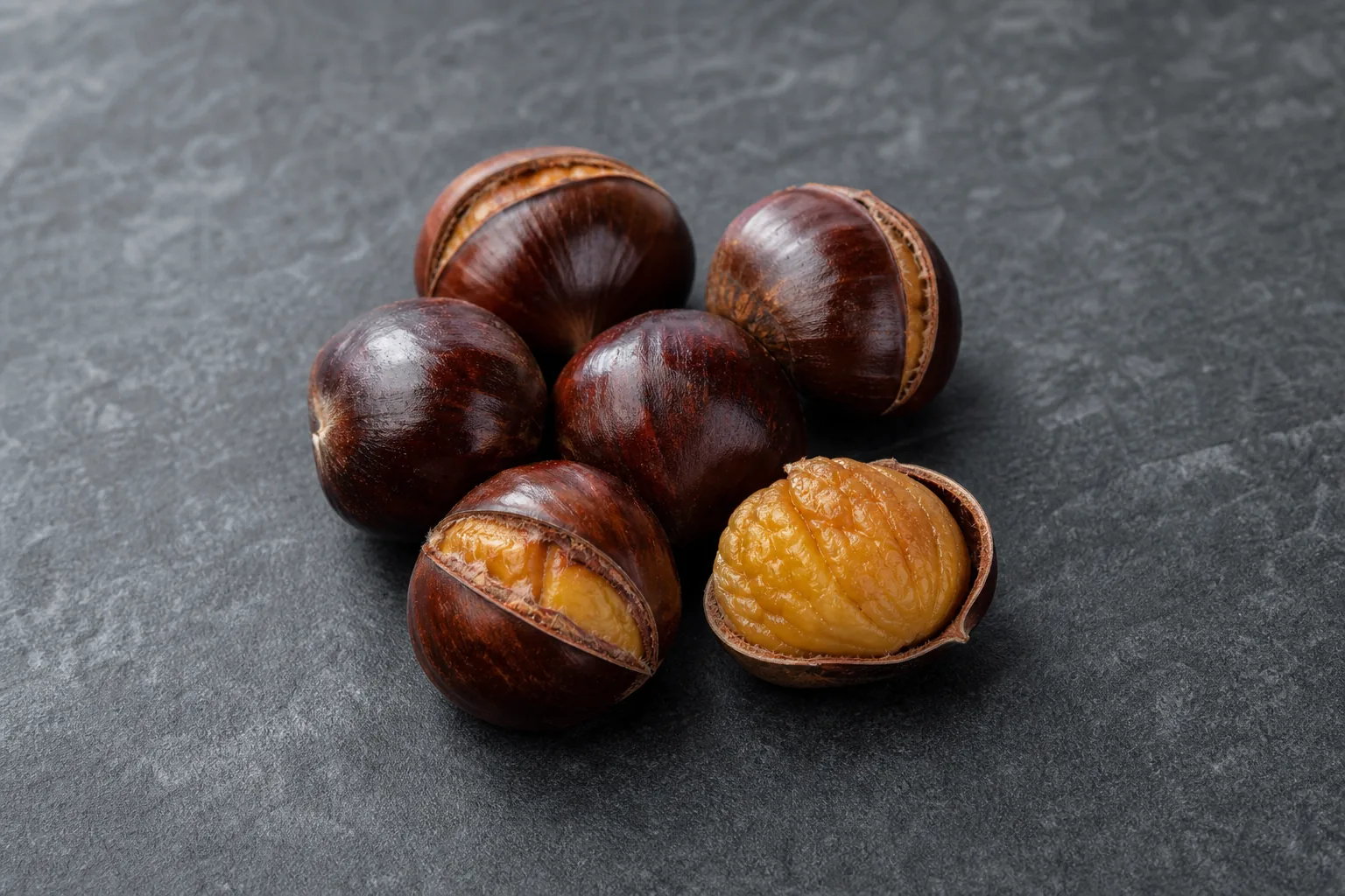 Roasted brown chestnuts with split shells and one opened nut showing a golden-beige kernel.