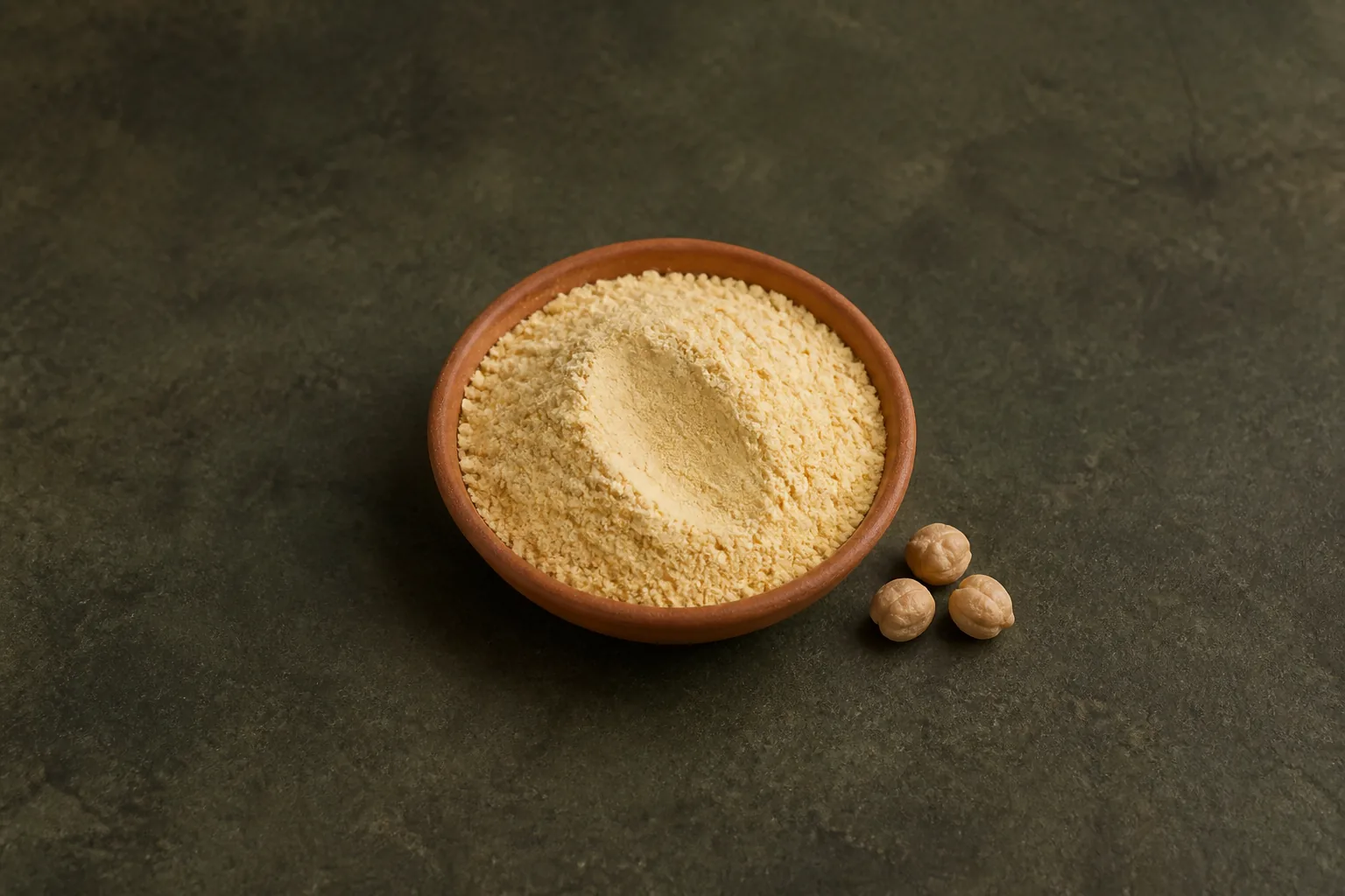 A small bowl of pale golden flour with three dried chickpeas beside it on dark stone.