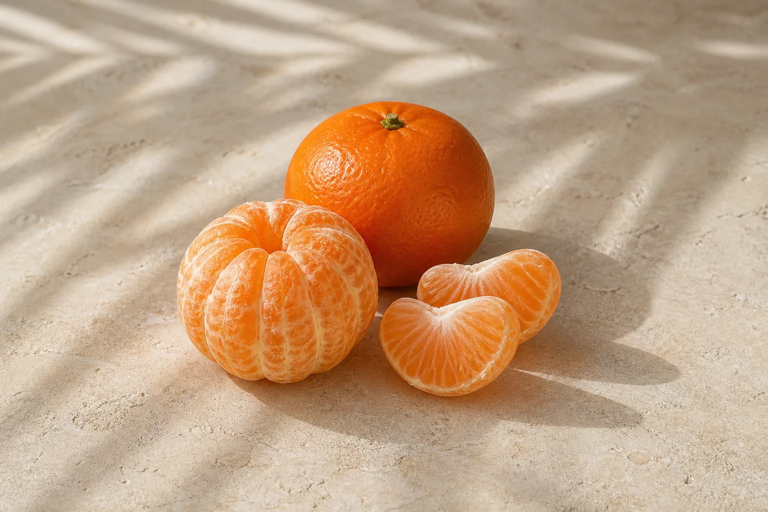 Whole raw clementines and one peeled clementine with intact orange segments.