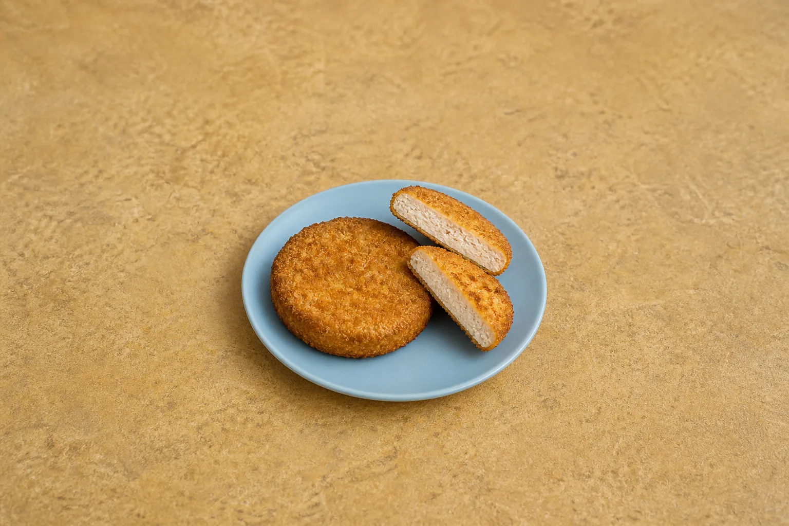 A plain cooked breaded chicken patty cut open to show its pale cooked centre.