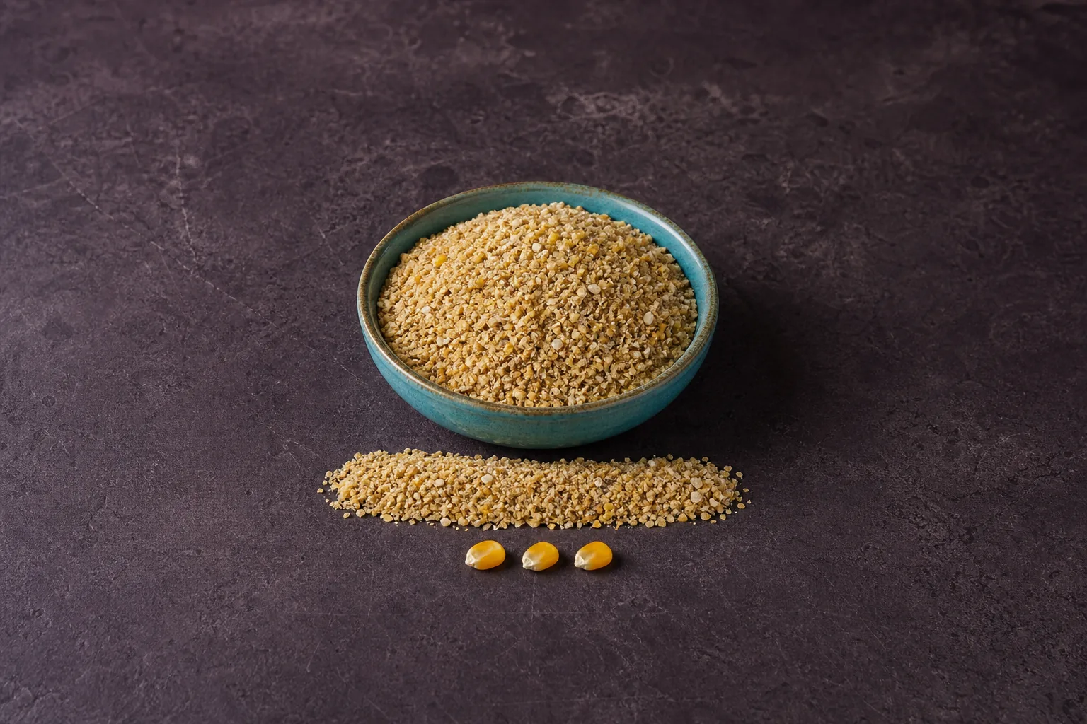 A turquoise bowl of coarse pale-gold bran with a small ridge and three corn kernels.
