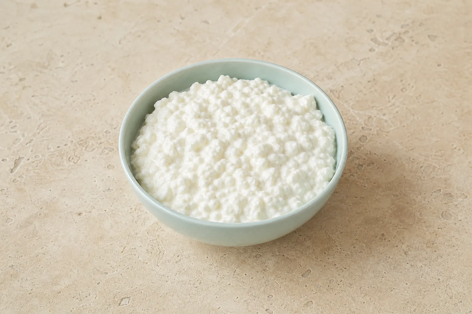 A shallow bowl of plain cottage cheese with small white curds in a creamy dressing.