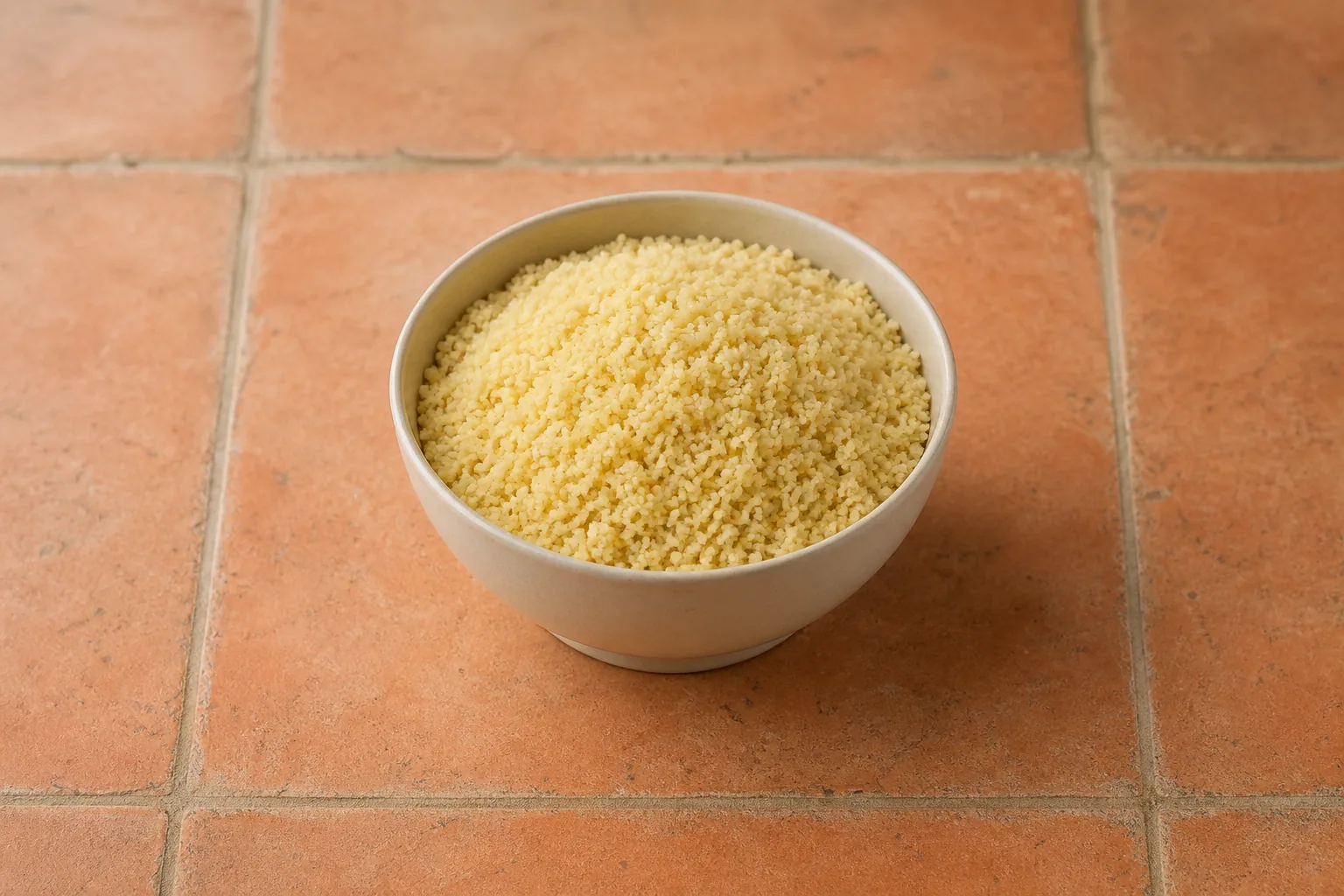 A small bowl of plain cooked couscous with tiny separate pale-golden semolina granules.
