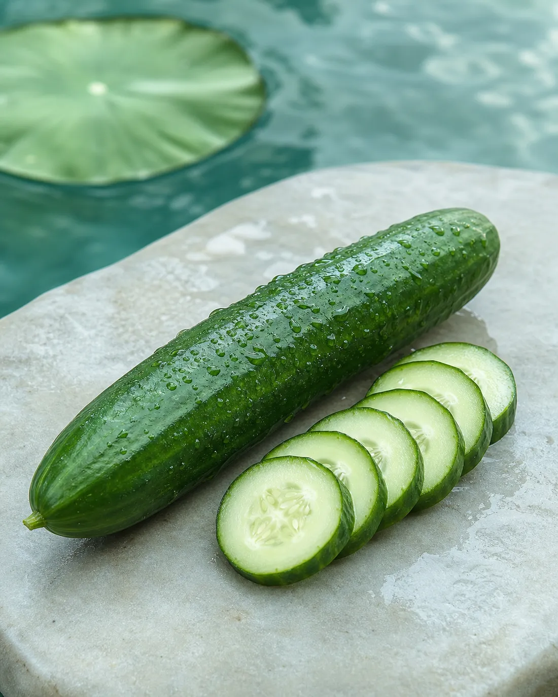 A cucumber and cucumber slices with water droplets on pale river stone.
