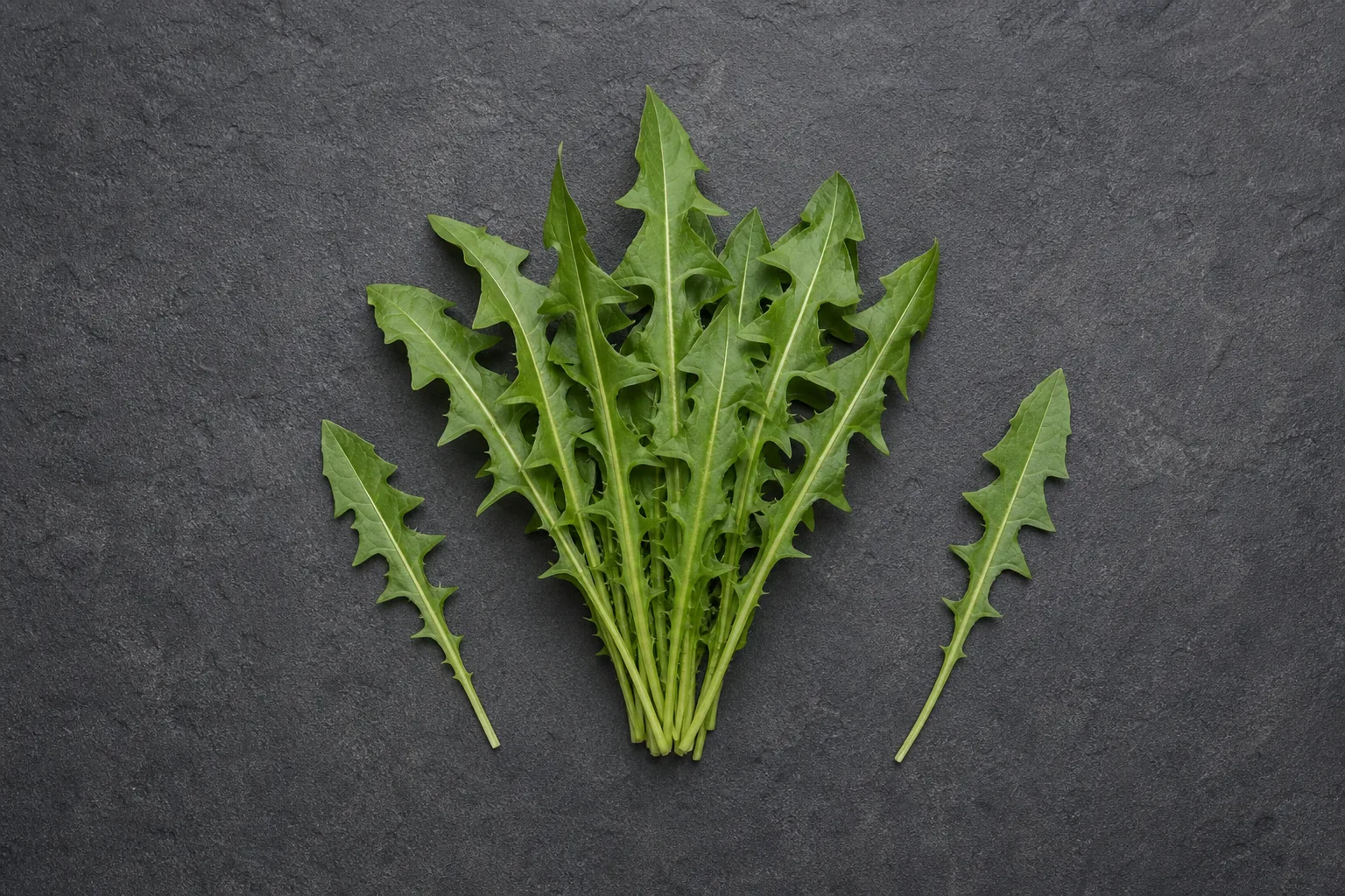 A raw bunch of long, deeply toothed dandelion-green leaves with two loose leaves on dark stone.