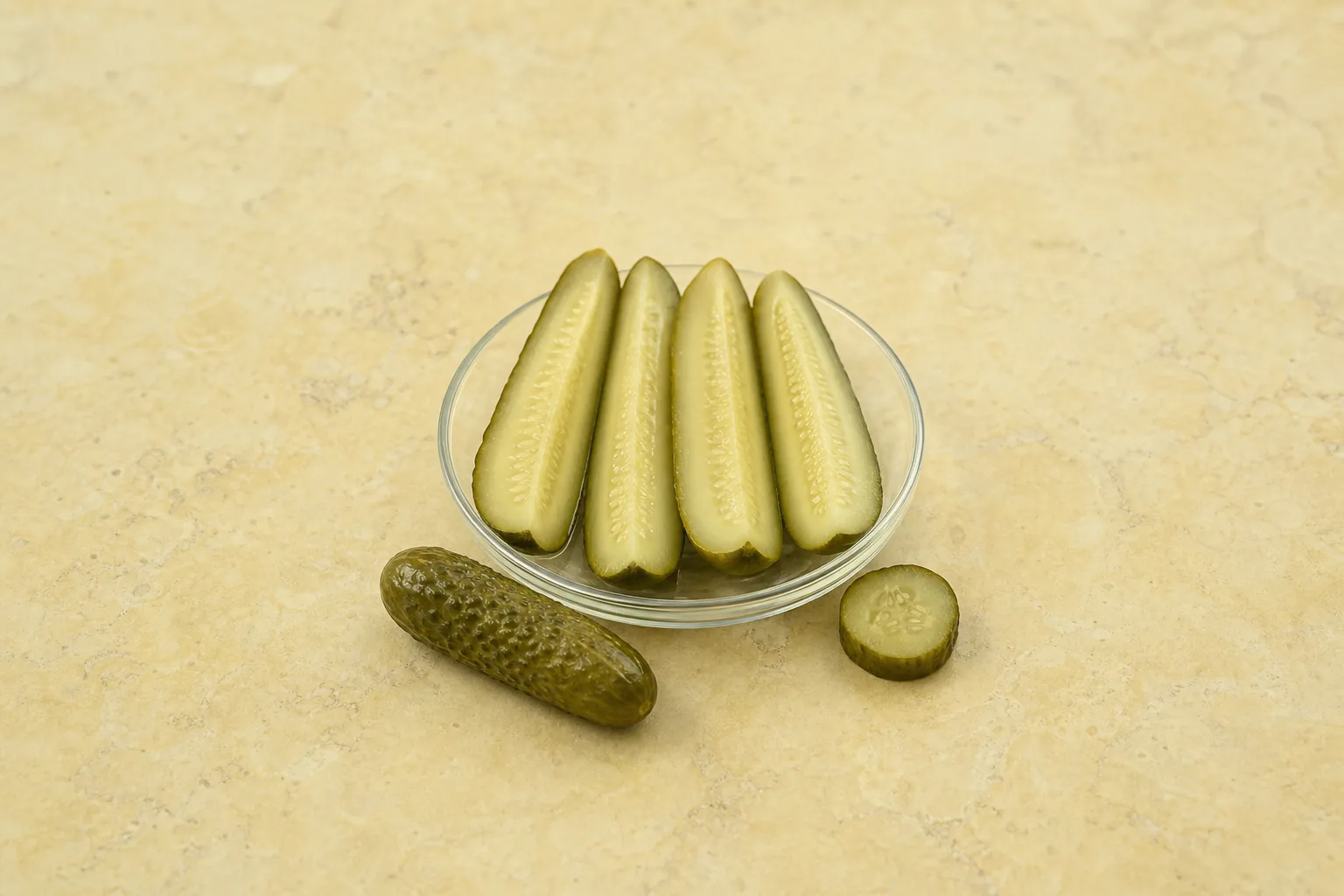 Glossy green pickled cucumber spears with one whole pickle and a cross-cut round.