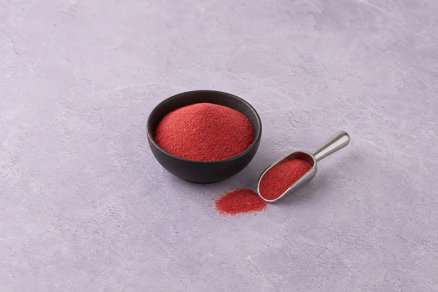 Fine dry red gelatin dessert powder in a dark bowl with a short metal scoop.