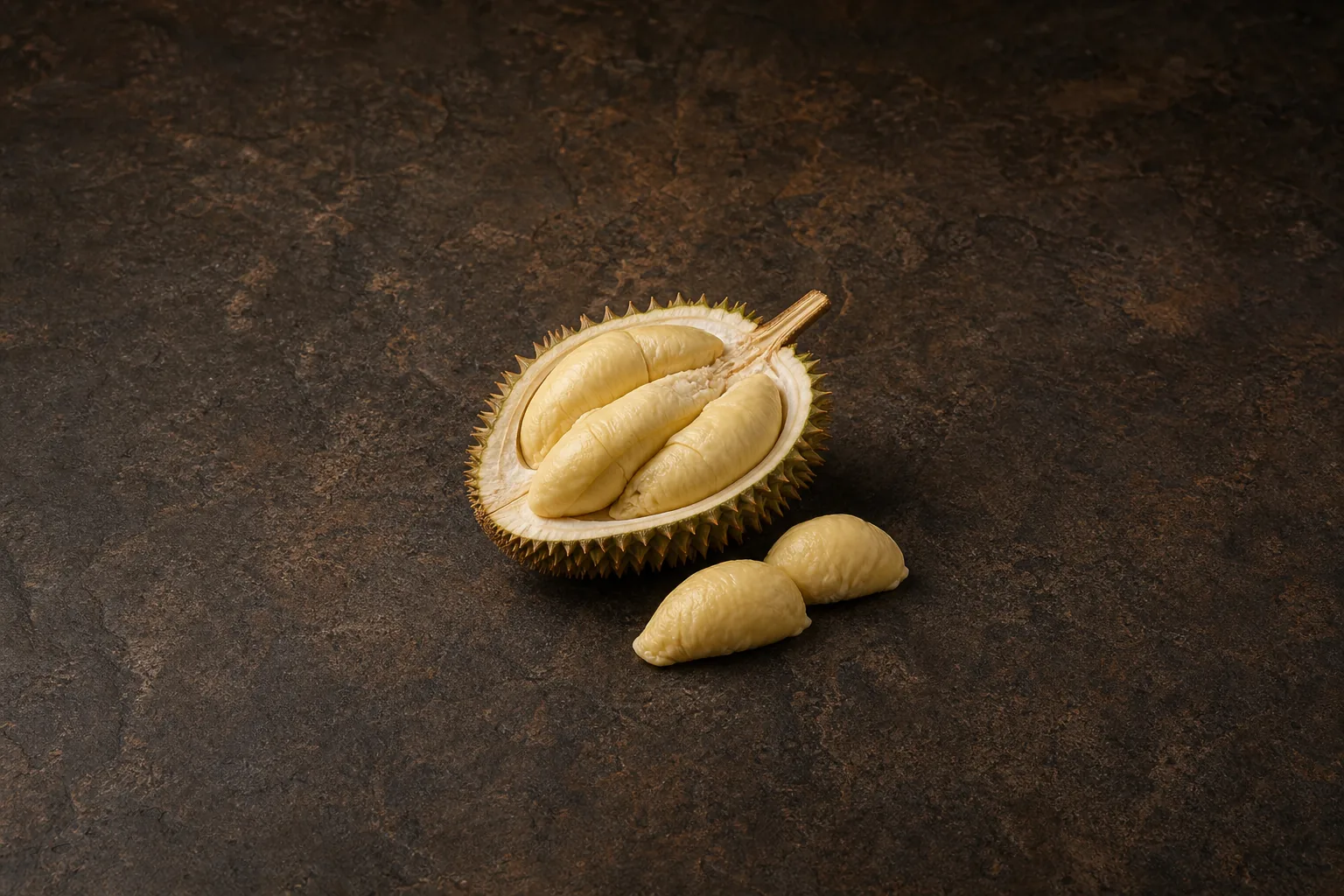 An opened spiky durian shell showing pale yellow creamy lobes, with two loose durian lobes beside it.
