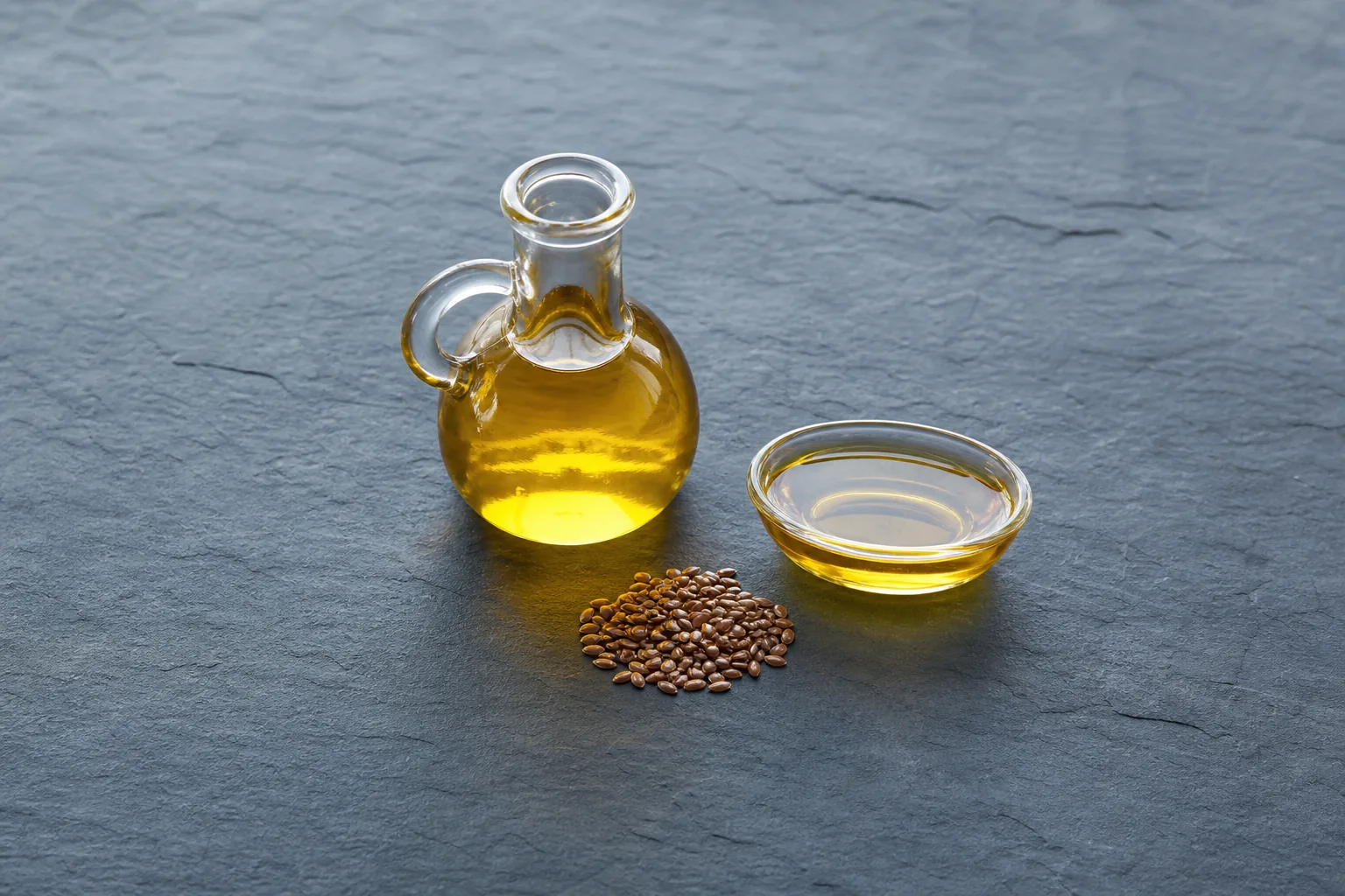 A clear cruet and small dish of golden oil with a few brown flaxseeds.