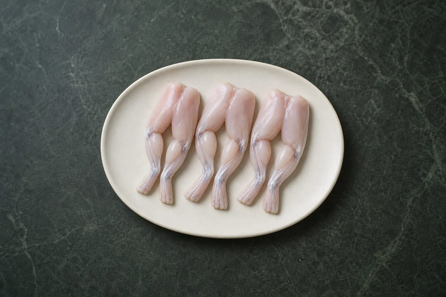 Three pairs of cleaned raw frog legs on a cream plate.