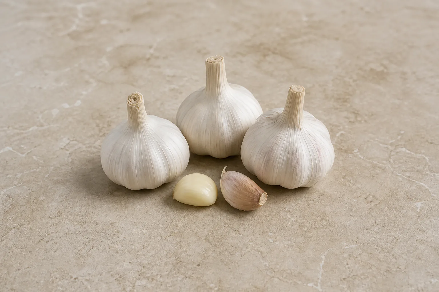 Three whole garlic bulbs with one peeled clove and one unpeeled clove on warm stone.