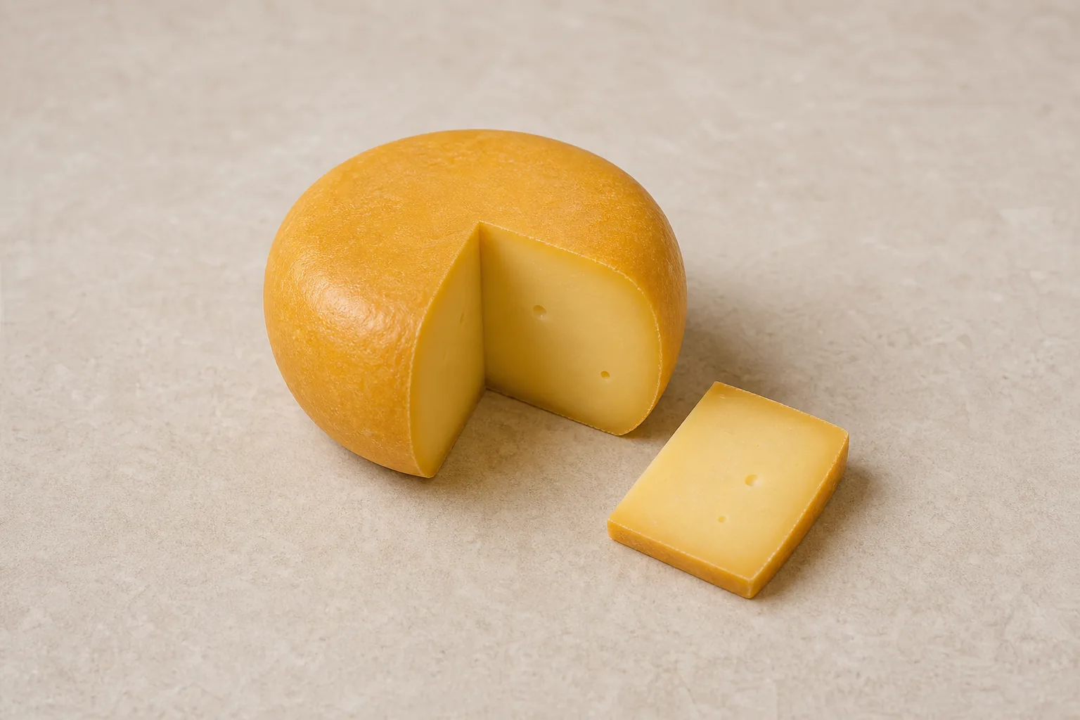A wedge of smooth golden-yellow cheese with a thin ochre rind and one small slice on pale stone.