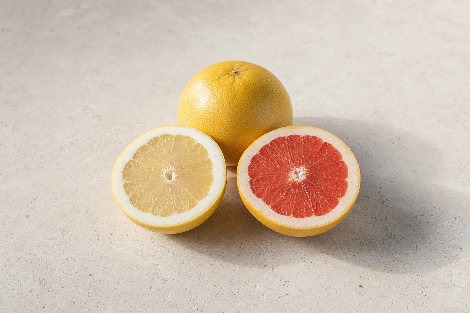 A whole raw grapefruit with one pale-fleshed half and one pink-red-fleshed half.
