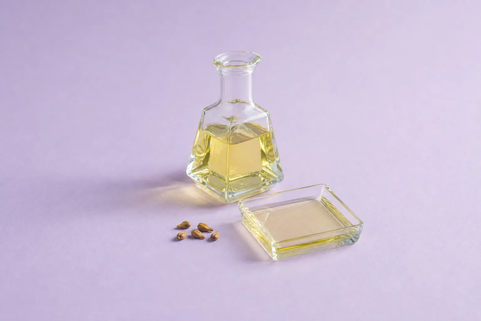 Light golden oil in an angular glass cruet and square dish beside five grape seeds.