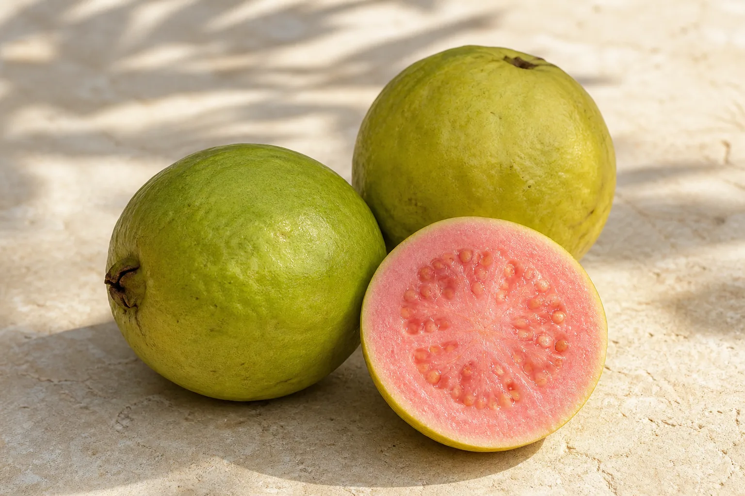Whole common guavas and one raw guava half showing pink seeded flesh.