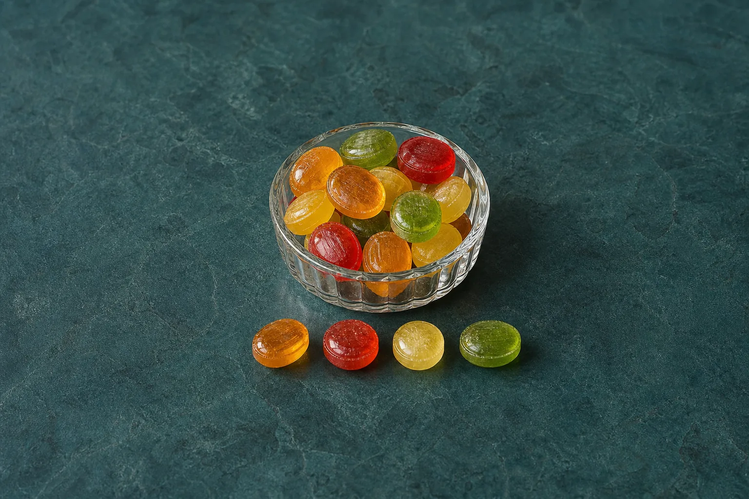 Unwrapped translucent hard candies in a glass dish with four loose candies.