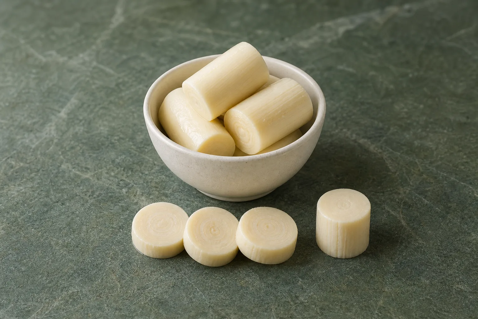 A bowl of moist pale ivory hearts of palm with cut rounds showing concentric rings.