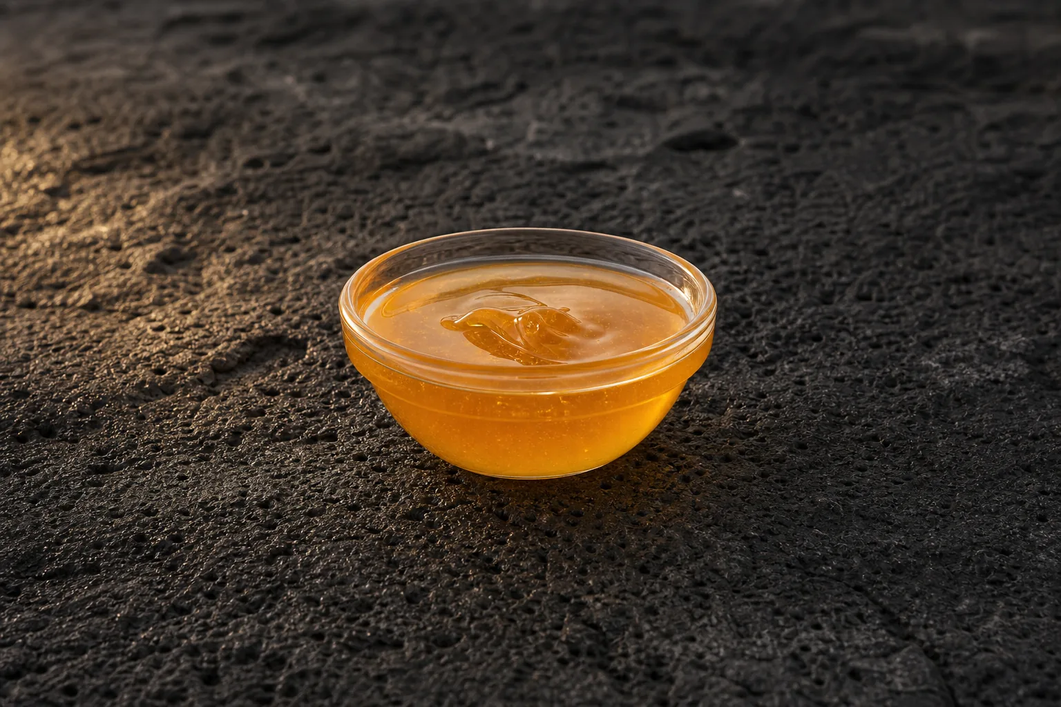 A small glass bowl filled with translucent golden honey.