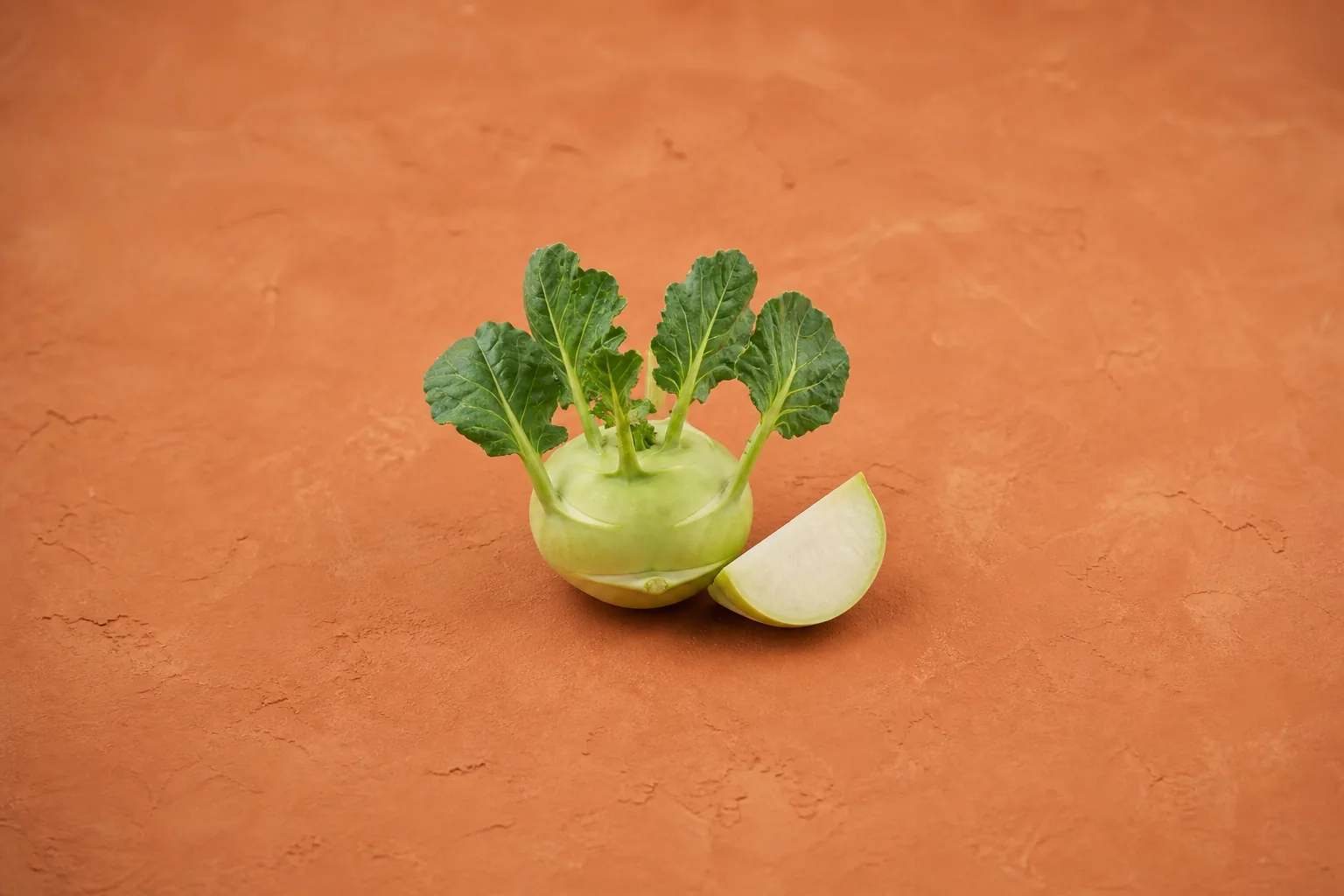 A pale-green kohlrabi bulb with side-growing leaf stalks and one cut wedge showing ivory flesh.