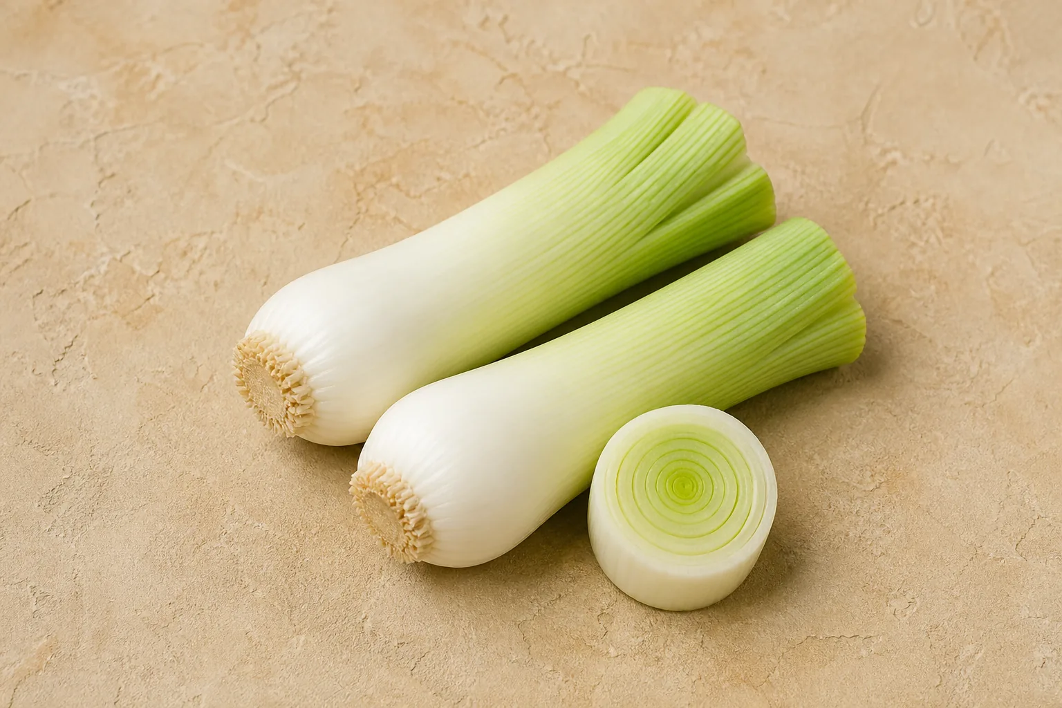 Raw leek bulbs and pale green lower leaves with one cross-cut section showing concentric layers.