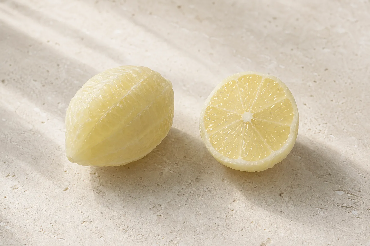 A peeled raw lemon and one peeled half showing pale-yellow citrus segments.
