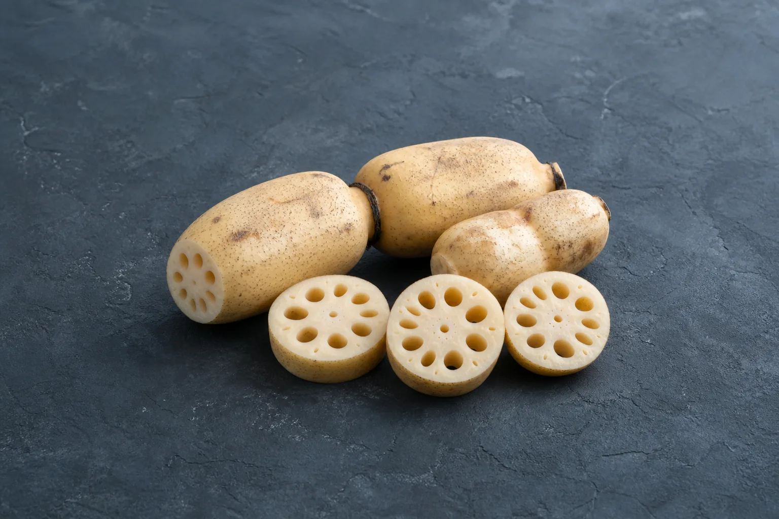 A tan lotus root with several cut rounds showing its distinctive ring of holes.