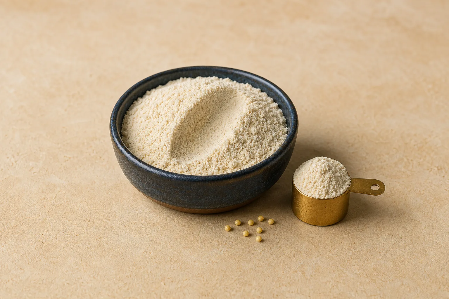 A small scoop of pale yellow millet flour beside scattered millet grains.