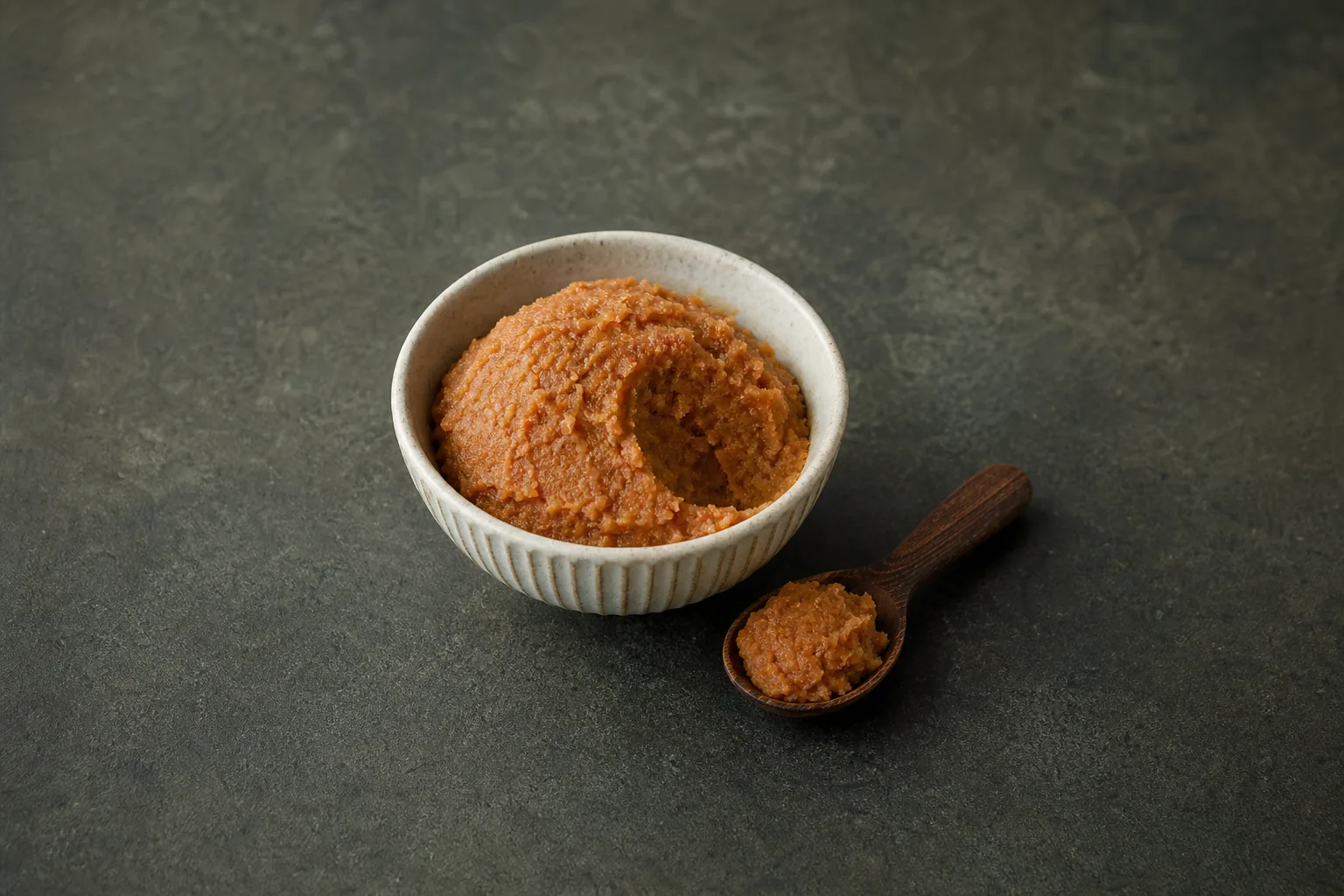 A ribbed white bowl of dense reddish-tan grainy paste with a spoonful beside it.