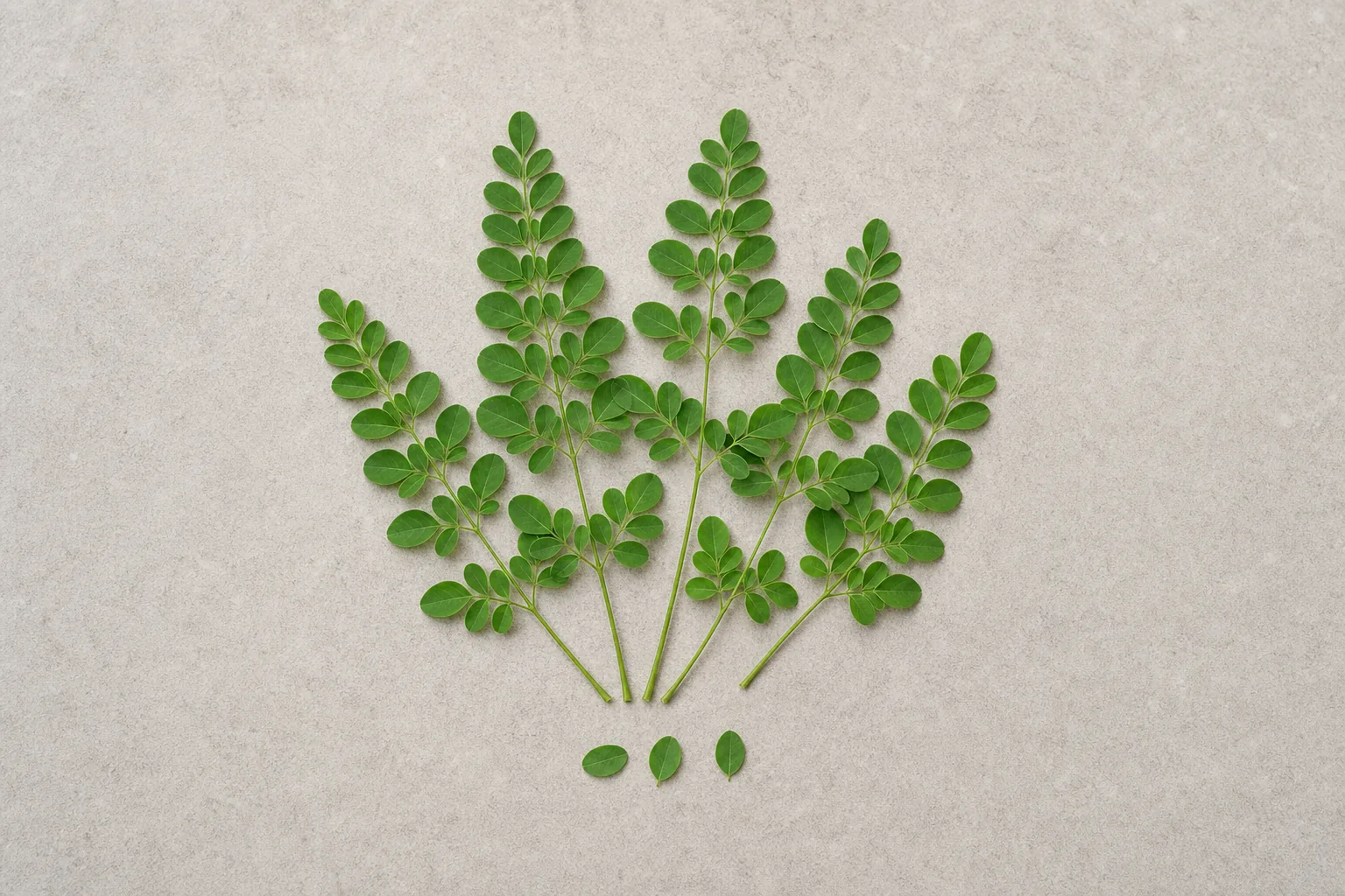 Fresh moringa sprigs with many small oval green leaflets.
