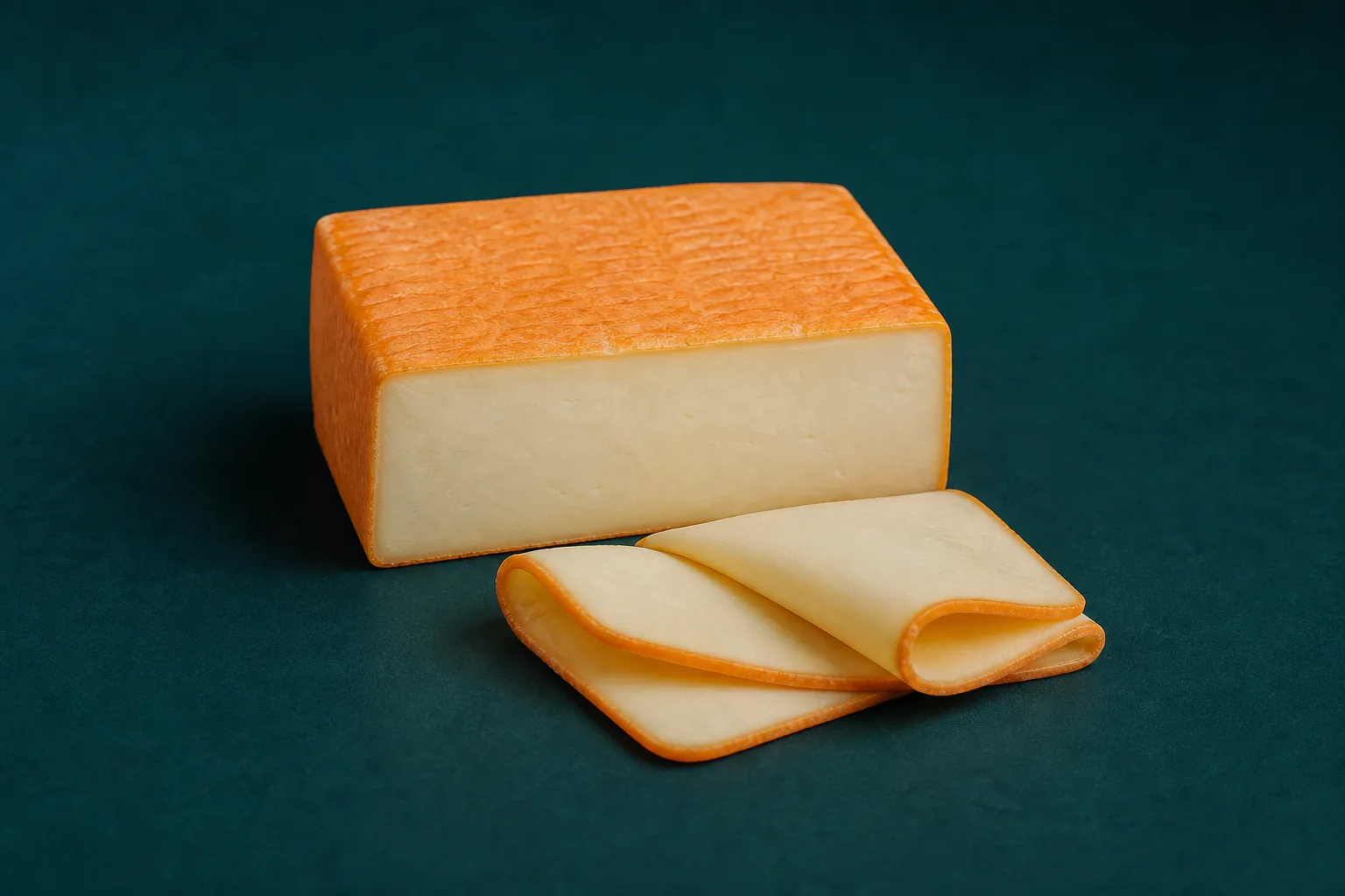 A pale Muenster cheese block with an orange rind and two folded orange-edged slices.