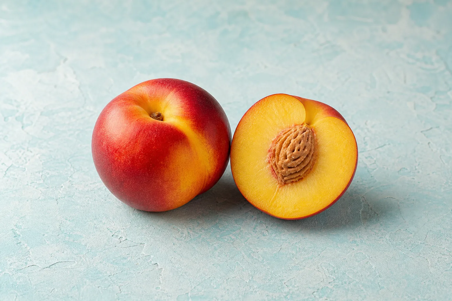 A whole raw nectarine and one cut half showing smooth red-and-gold skin, yellow flesh and its stone.