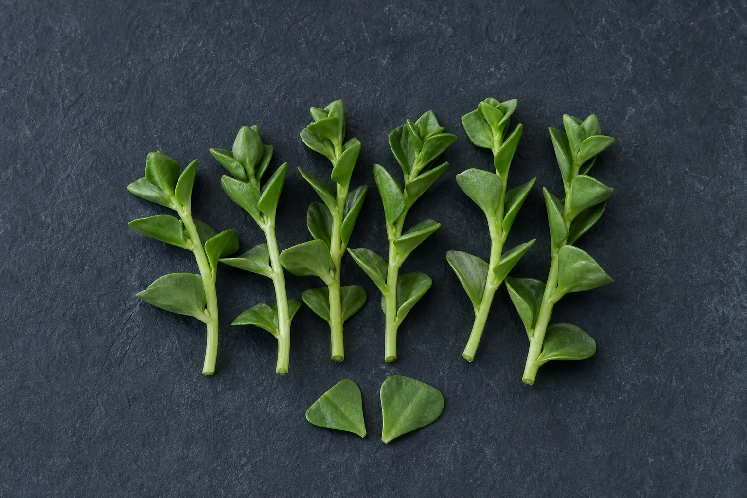 Raw New Zealand spinach stems with fleshy triangular green leaves.
