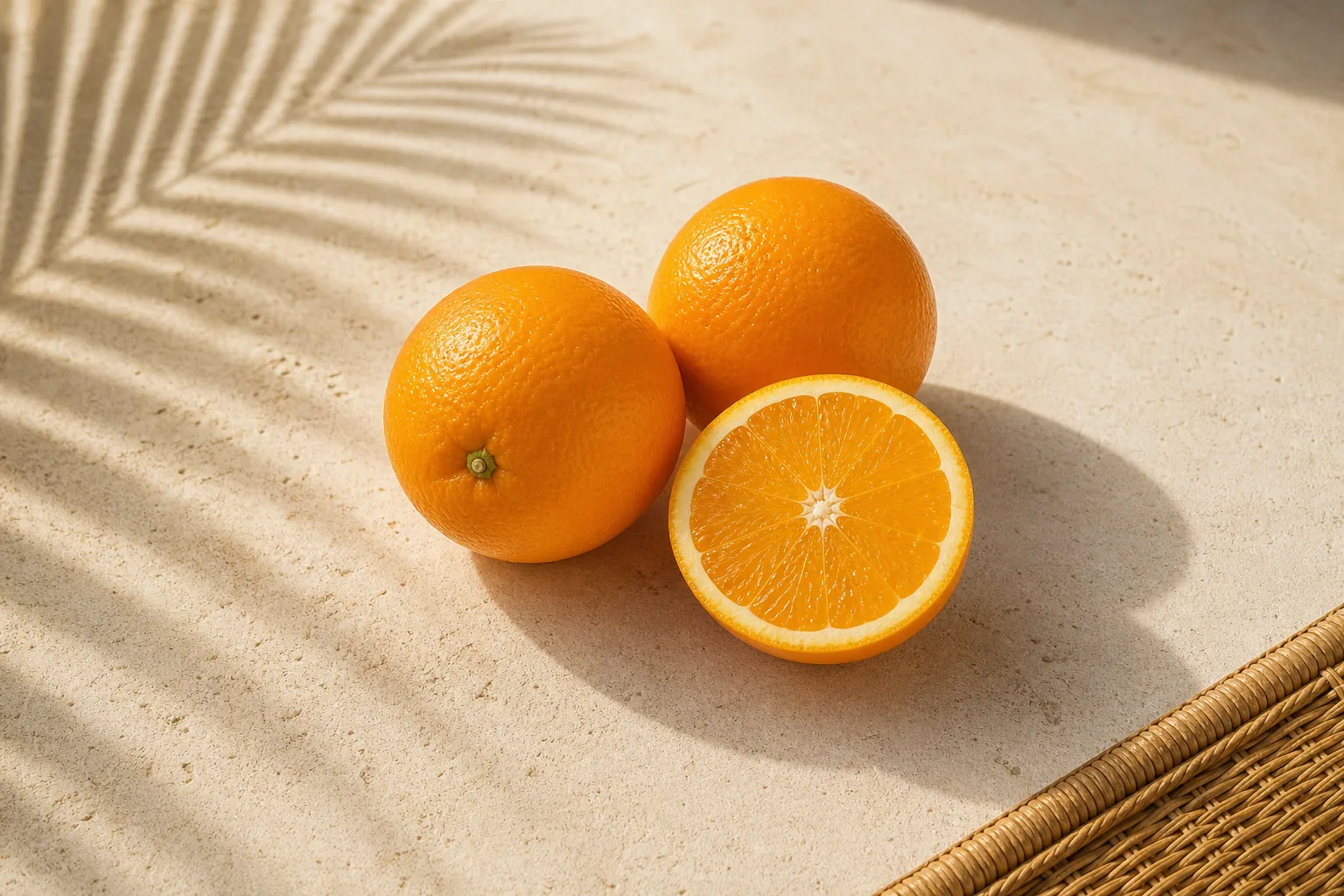 Two whole oranges and one orange half on pale limestone in tropical morning light.
