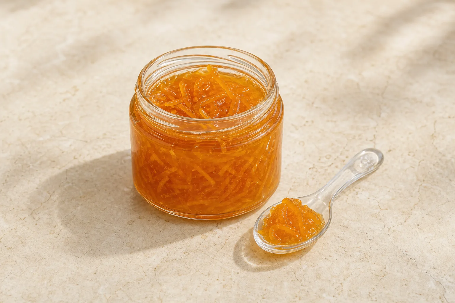 An open glass jar of translucent orange marmalade with visible peel ribbons and a spoonful beside it.
