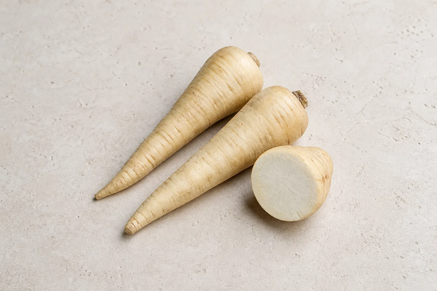 Two raw cream-coloured parsnips and one cross-cut piece showing dense ivory flesh.