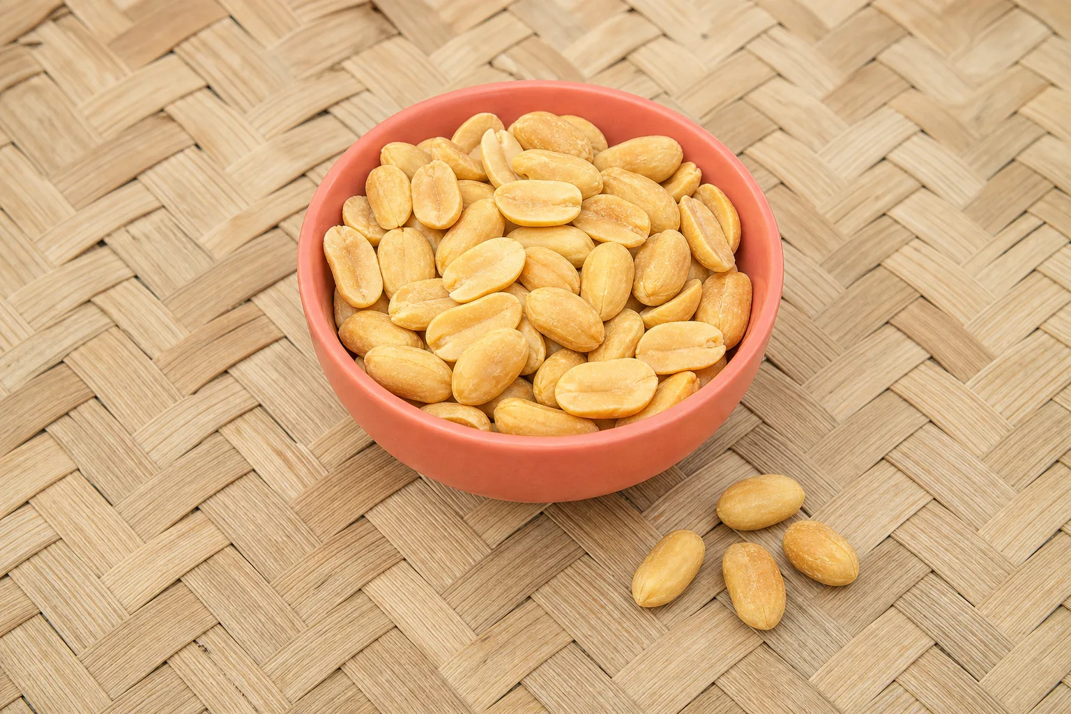 A small bowl of dry-roasted shelled peanuts with several kernels beside it.