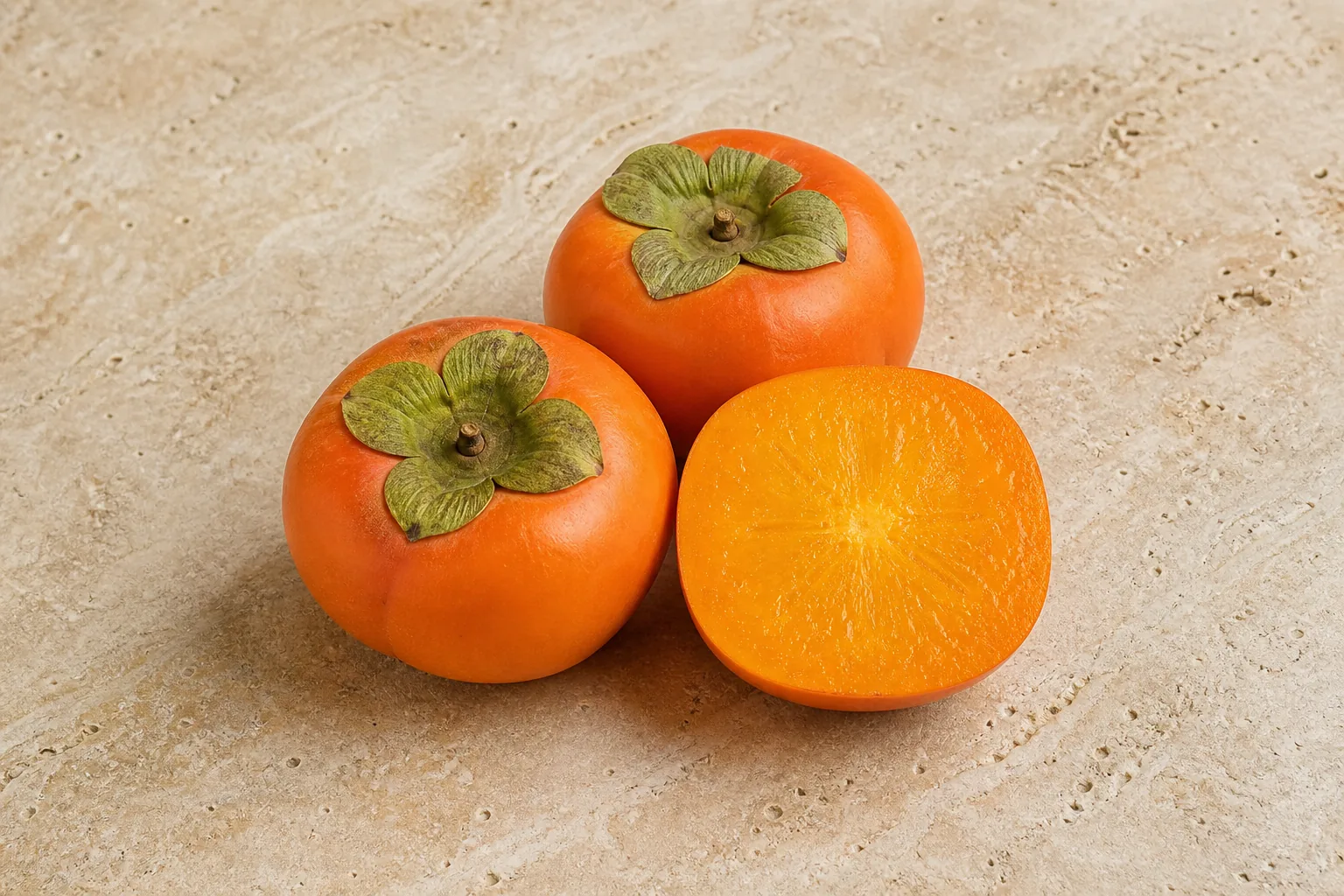 Two squat orange persimmons with green calyxes and one cut half showing firm orange flesh.