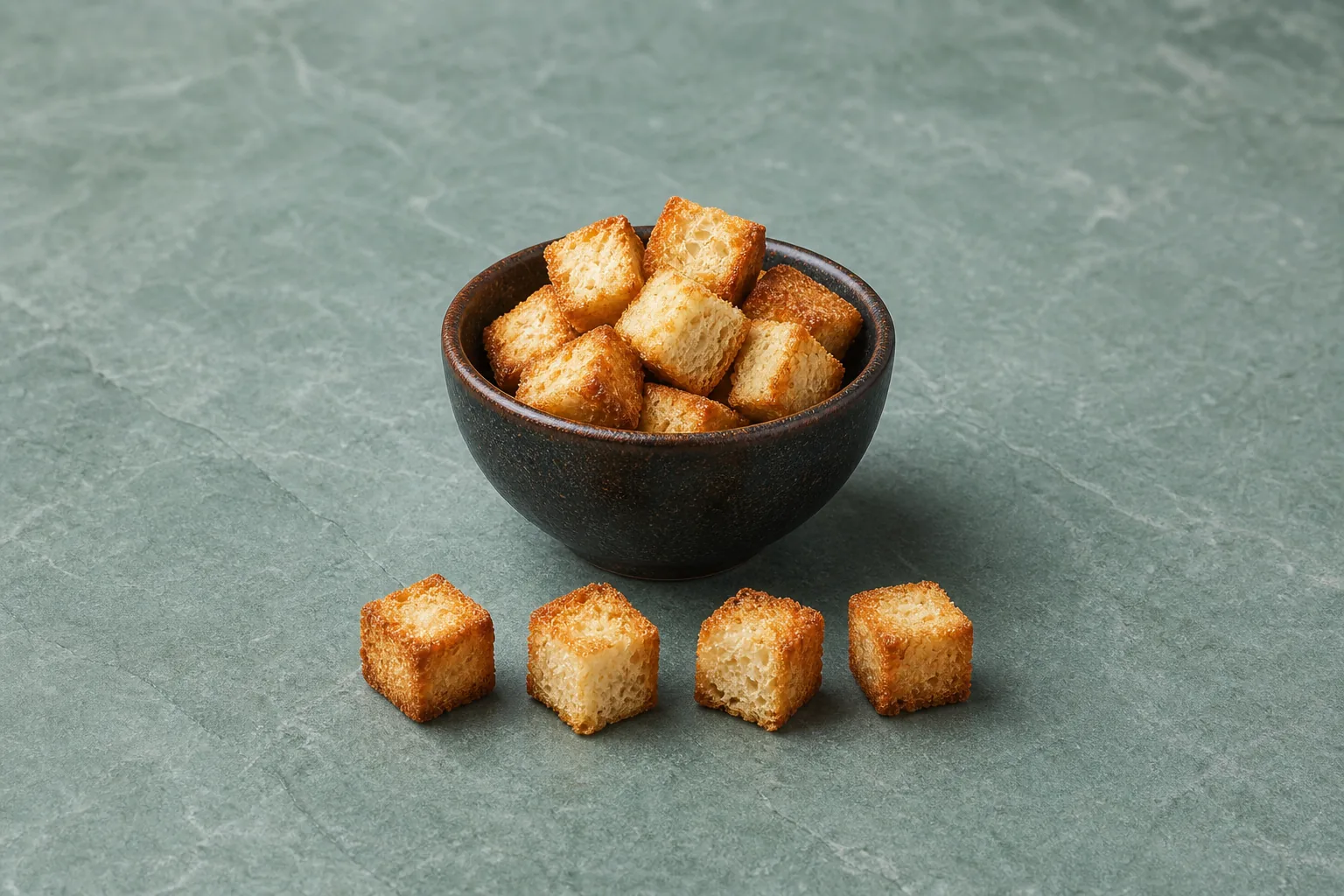 Plain golden toasted bread cubes in a dark bowl with four loose croutons.