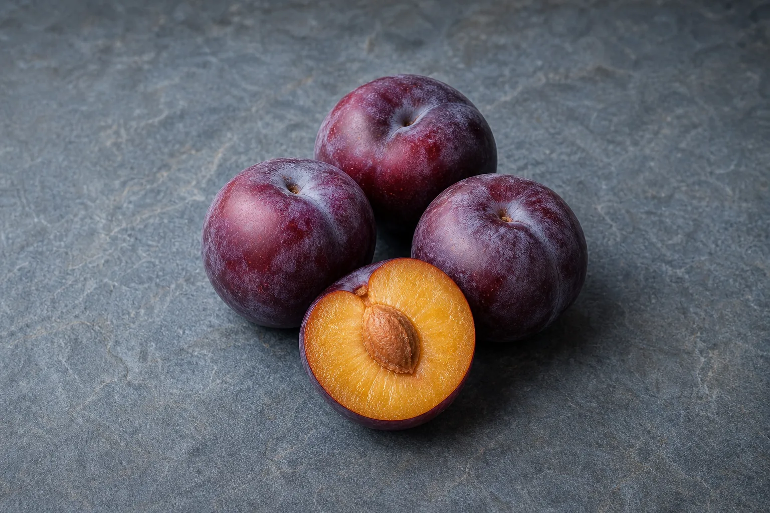 Three fresh purple-red plums and one cut half showing amber-yellow flesh and a central stone.