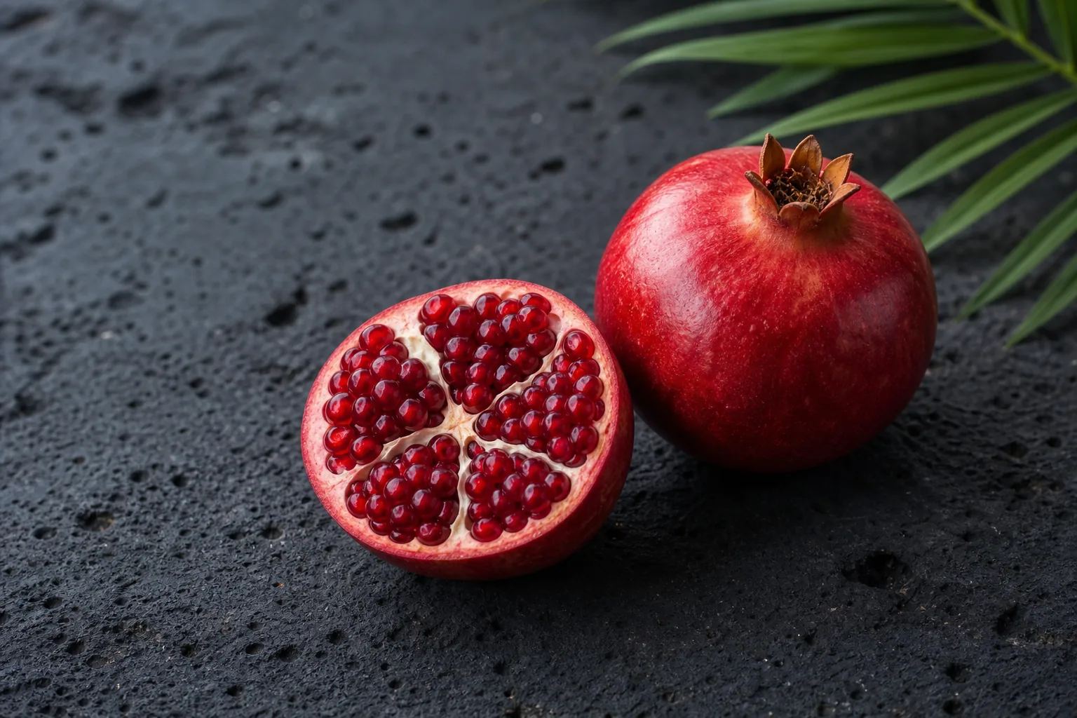 A whole raw pomegranate and one opened half filled with red arils.