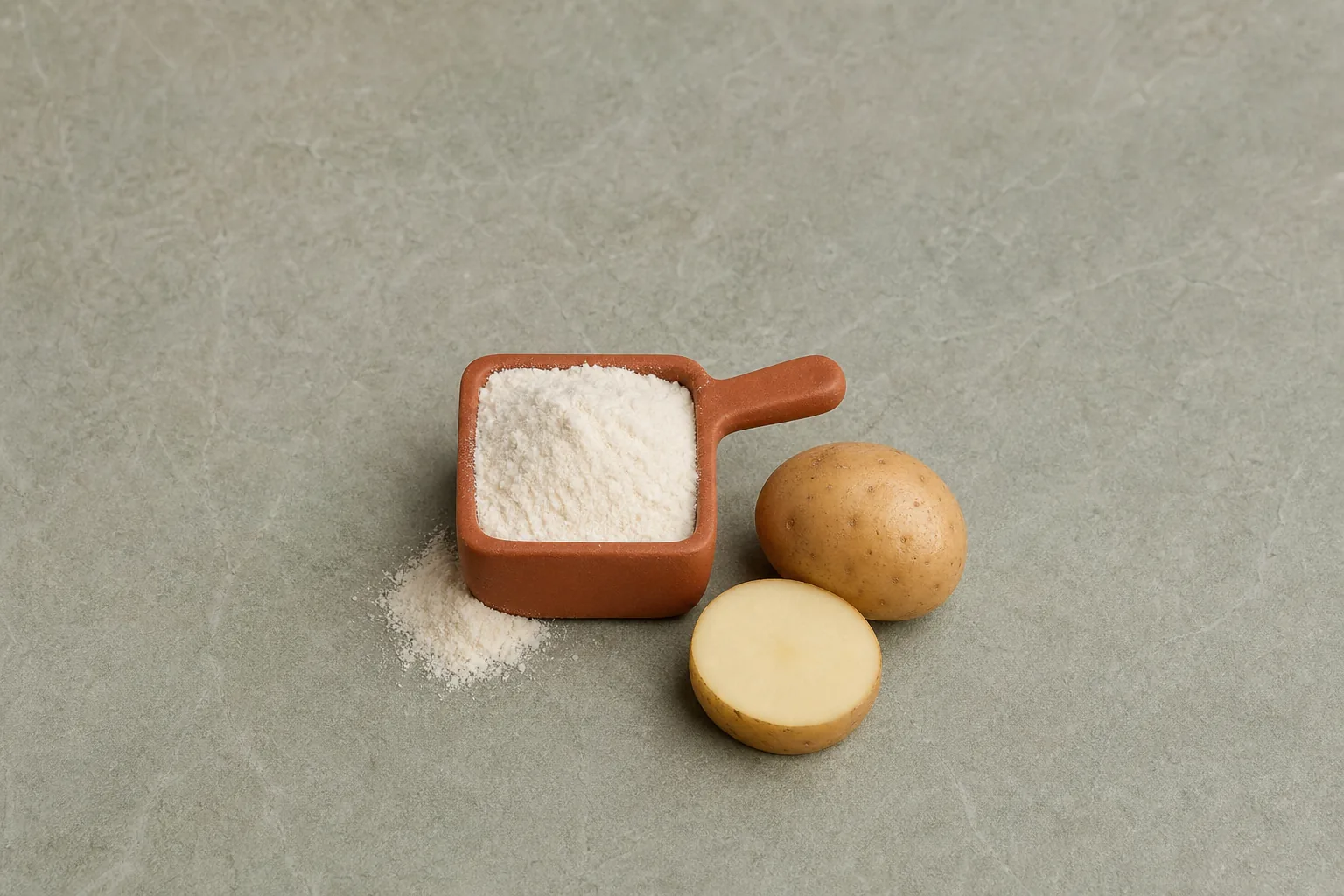 A terracotta scoop of fine off-white flour beside a small raw potato and thick cut slice.