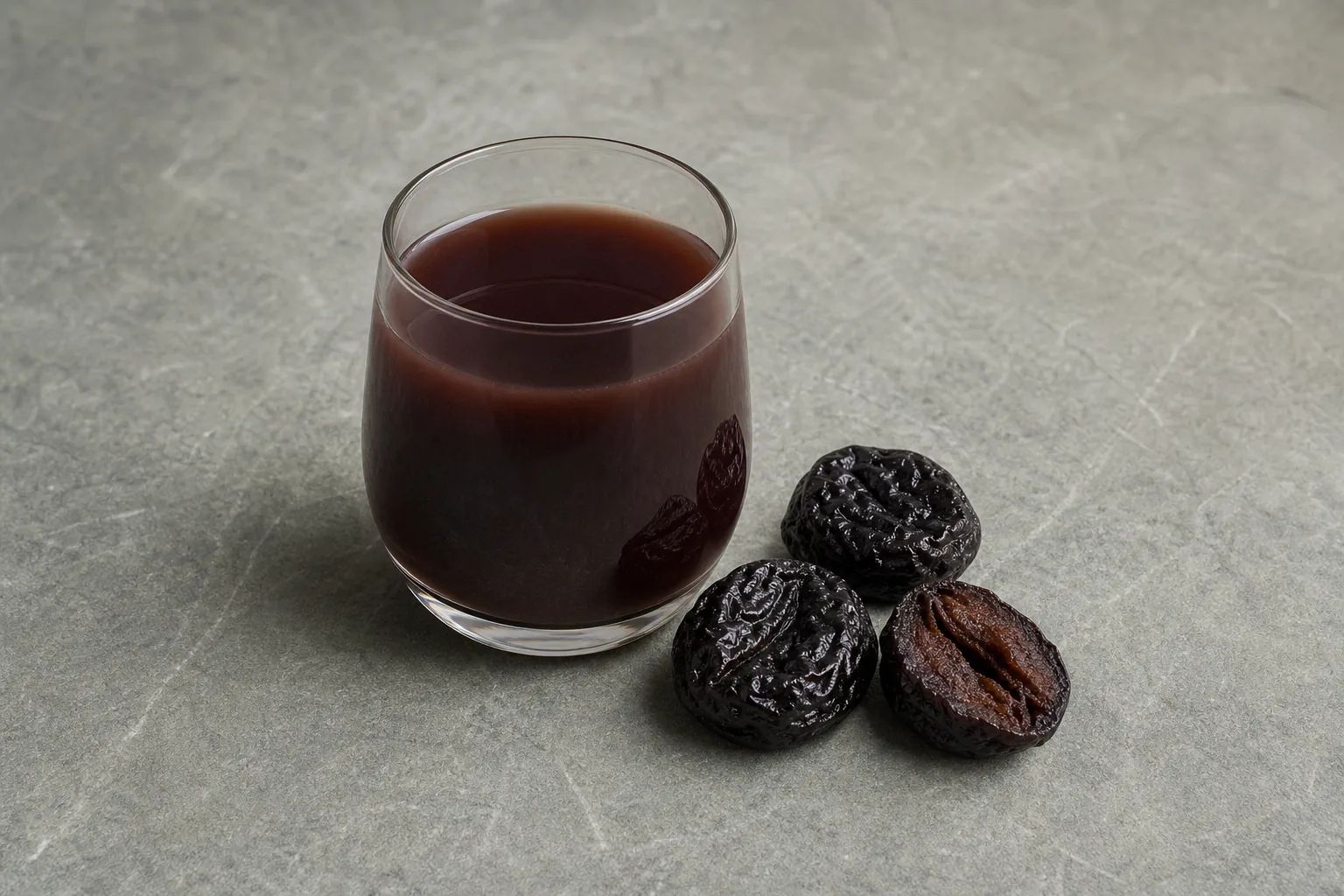 A clear glass of opaque dark plum-brown juice beside three wrinkled dried prunes.